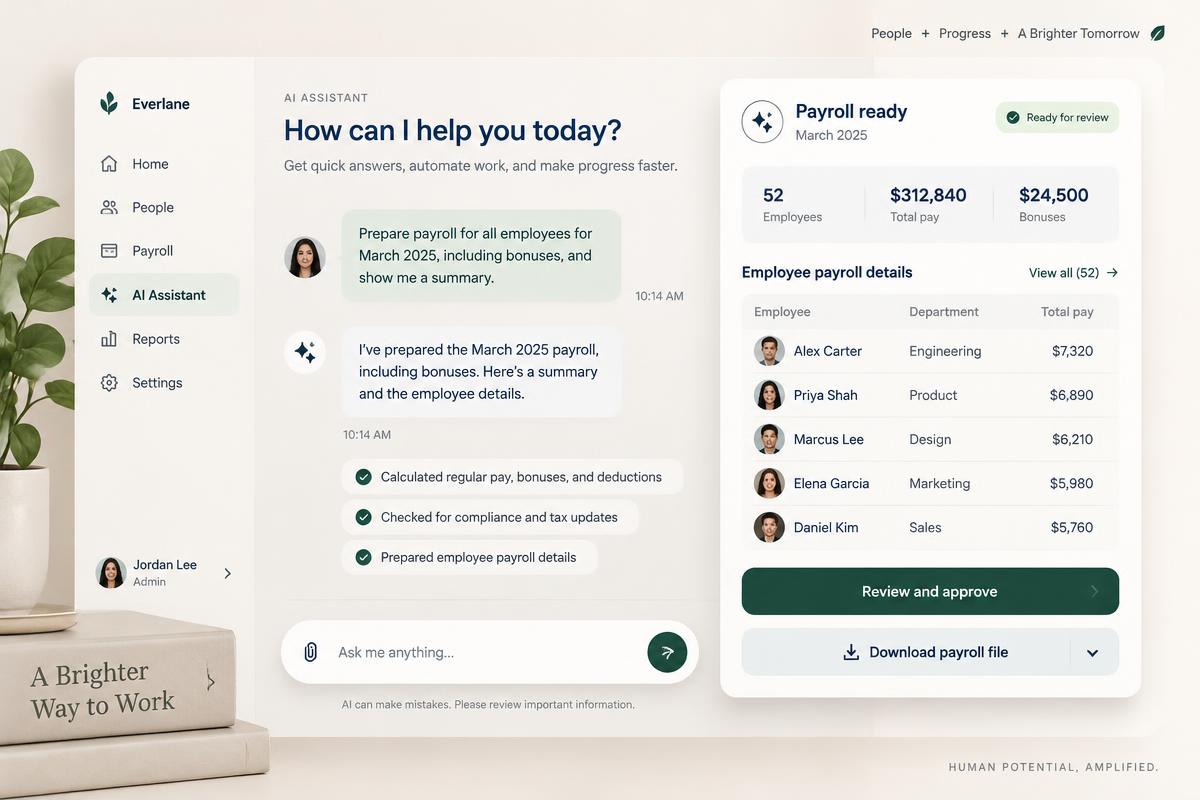 AI payroll request connected to employee data and payroll details, ready for review