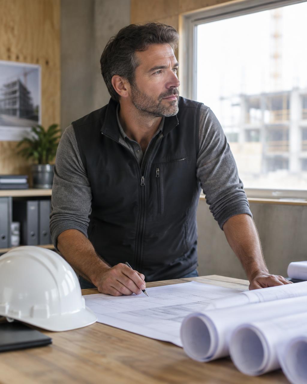 Construction business owner in a site office with plans and a hard hat nearby