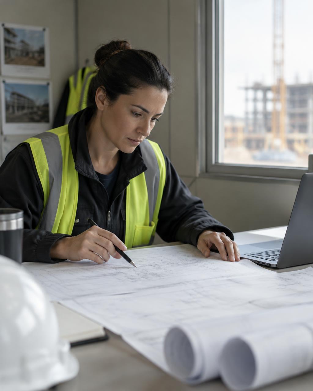 Construction supervisor at a desk reviewing construction plans