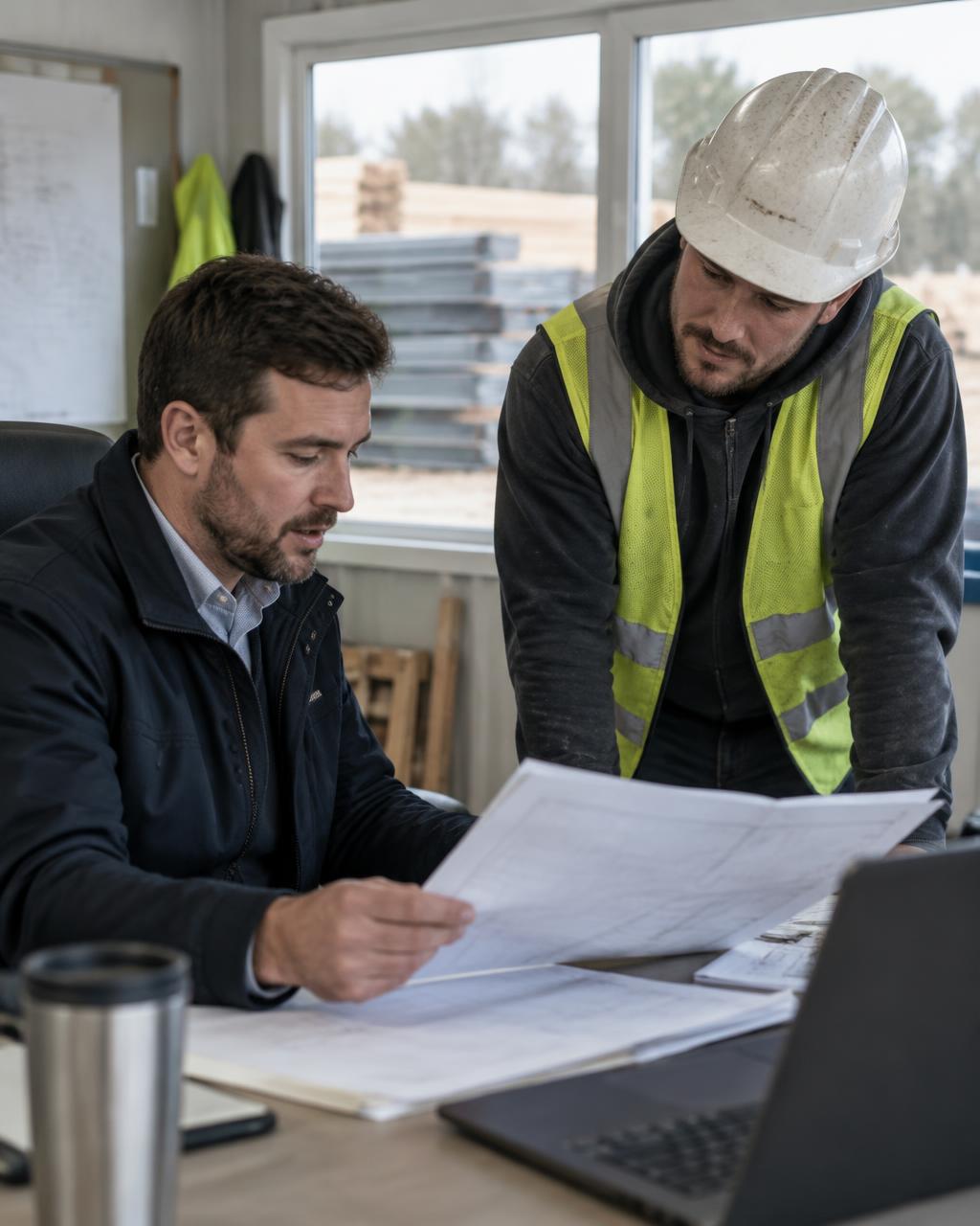 Manager reviewing documents with a worker in a construction site office