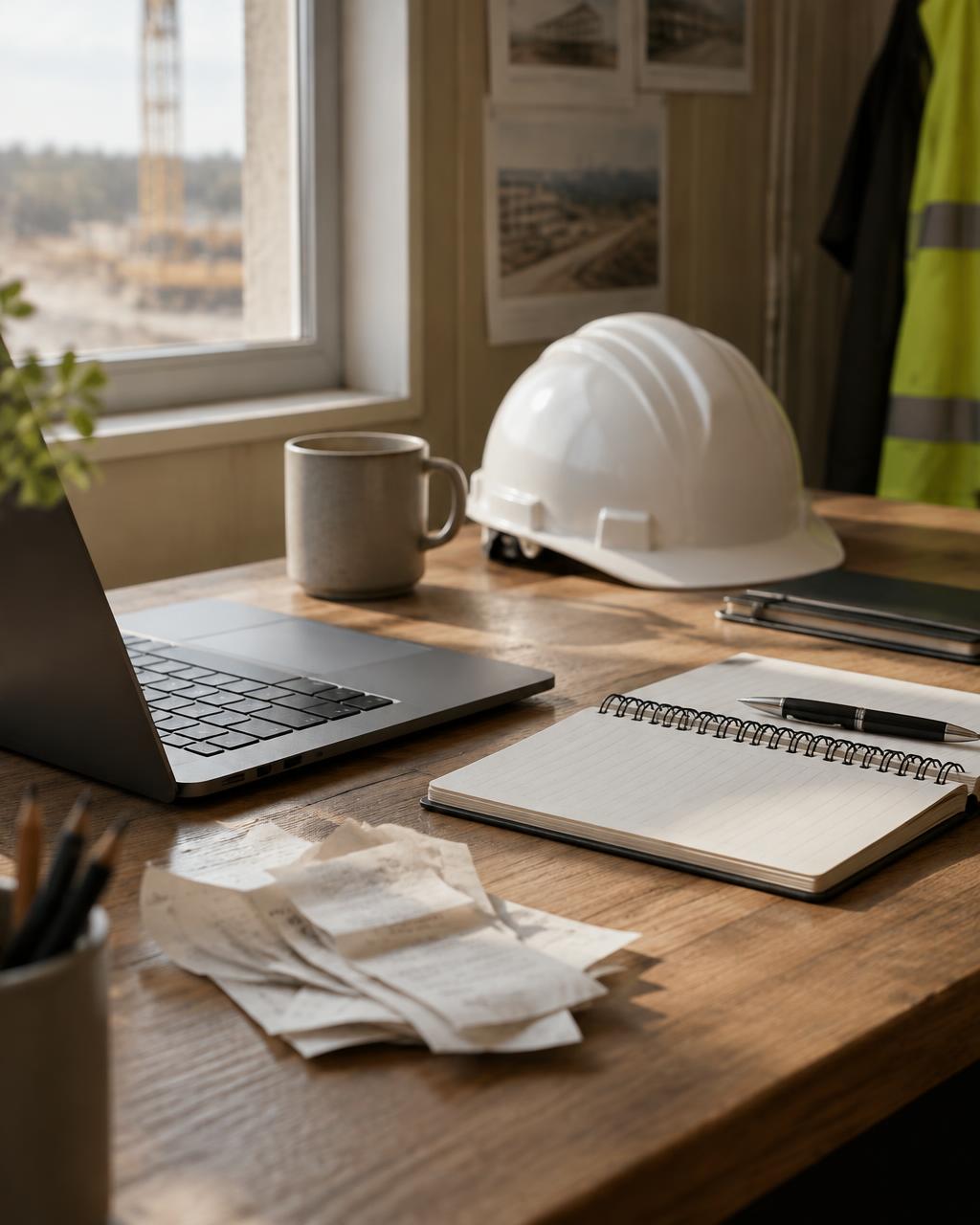 Site-office desk with receipts, a notebook, and a laptop