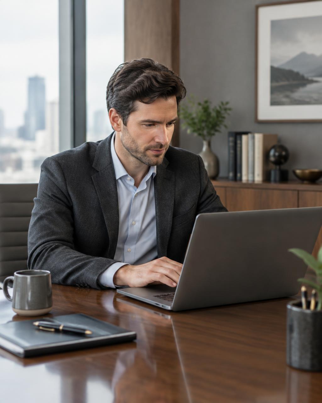 Consultant reviewing a laptop at a polished office desk