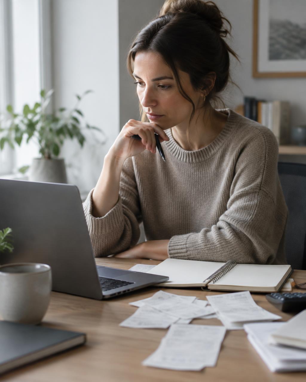Consultant working with a laptop, notebook, and receipts