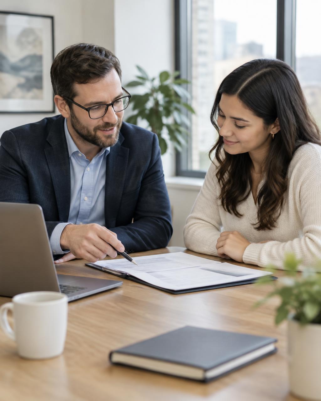 Manager and employee reviewing onboarding paperwork