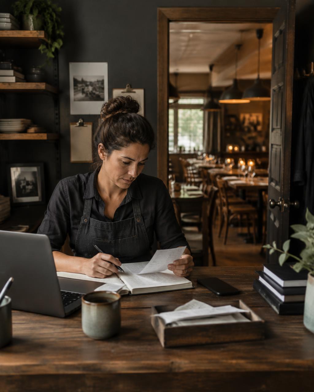 Restaurant owner in a back office with the dining room softly visible