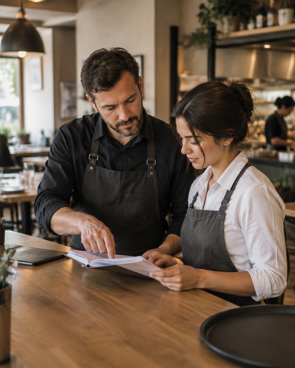 Restaurant manager and new server reviewing documents