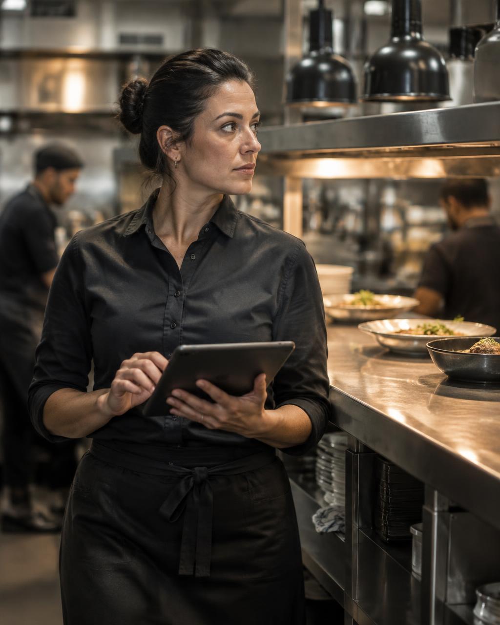 Restaurant supervisor using a tablet beside the kitchen pass