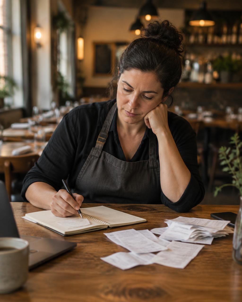 Restaurant owner planning at a table with receipts and a notebook