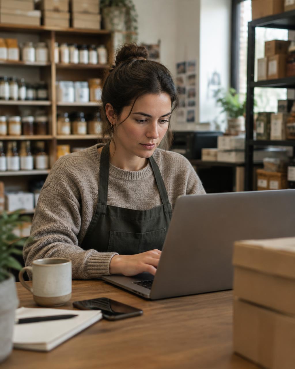 Retail owner working in a back office with shelves softly out of focus