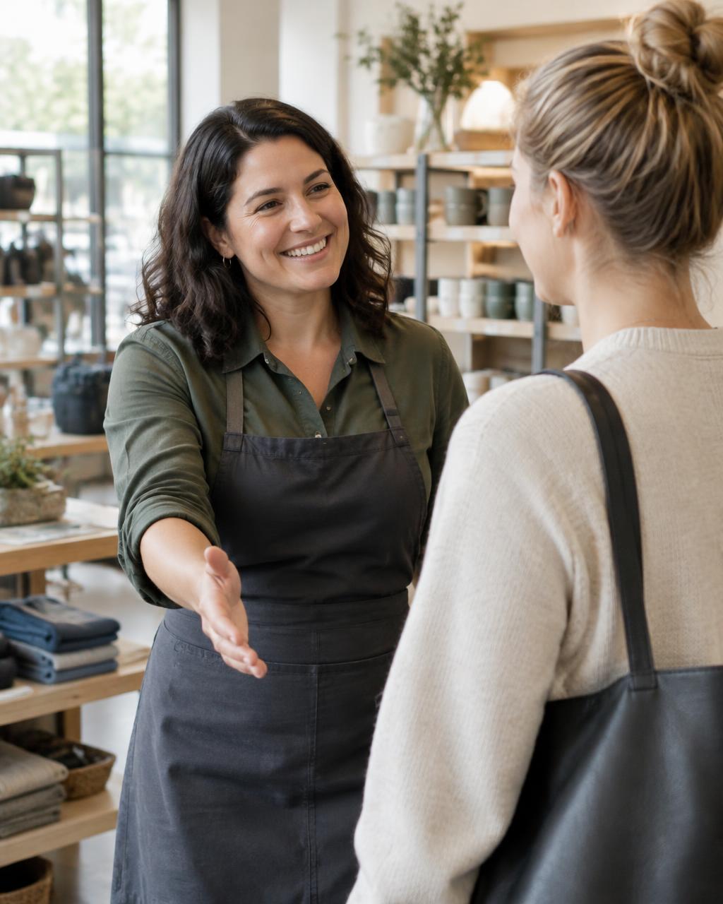 Store manager welcoming a new colleague in a retail shop