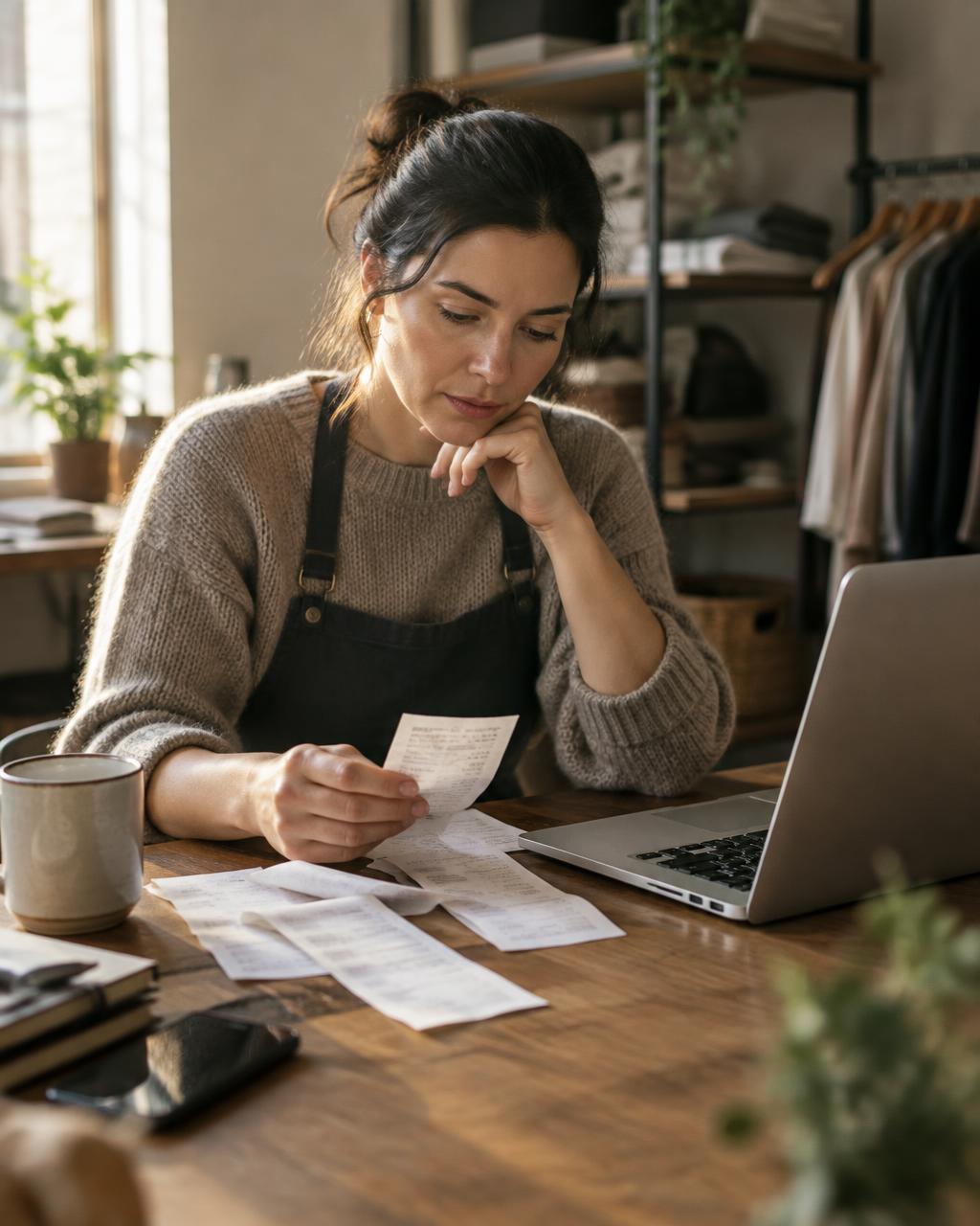 Retail owner reviewing receipts and a laptop at a desk
