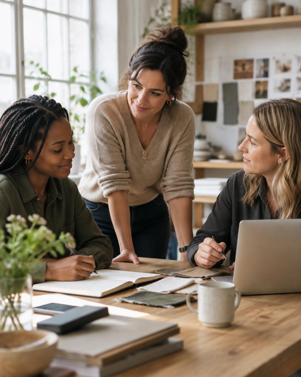 Small-business owner working with a small team in a naturally lit workspace