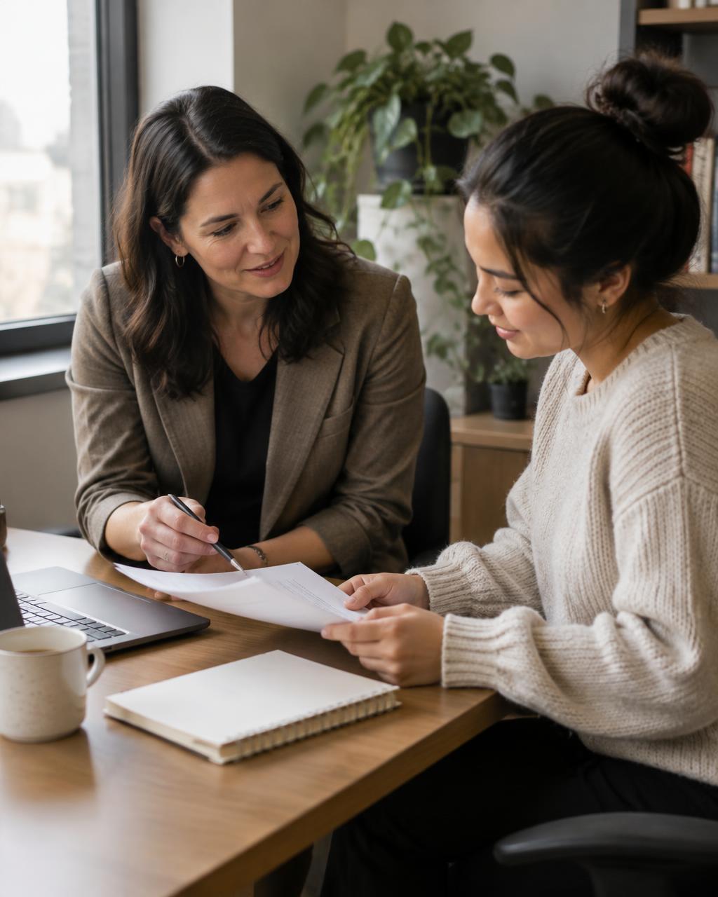 Manager and new hire reviewing onboarding paperwork together