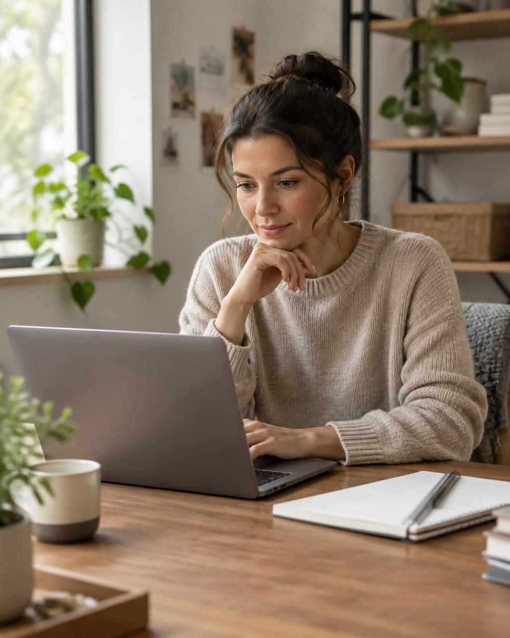 Business owner reviewing a laptop beside a notebook at a desk