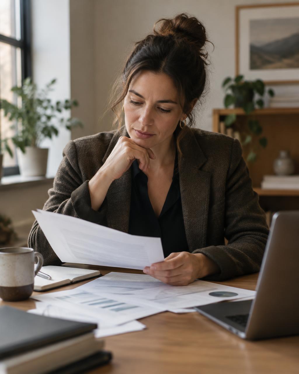 Business owner reviewing a report with paperwork on a desk