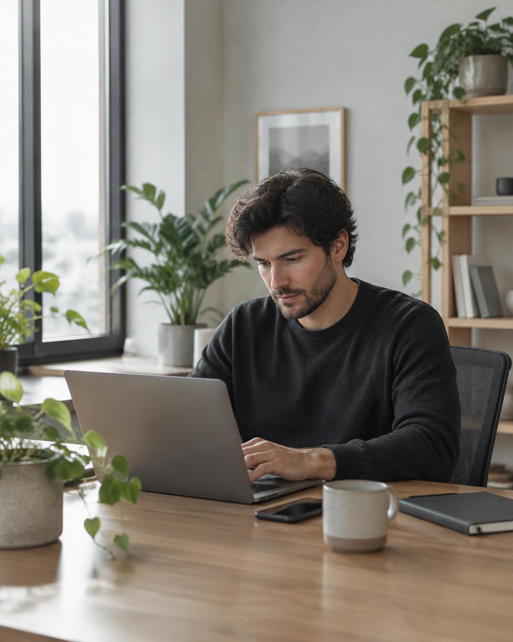 Founder working in a modern office with natural light