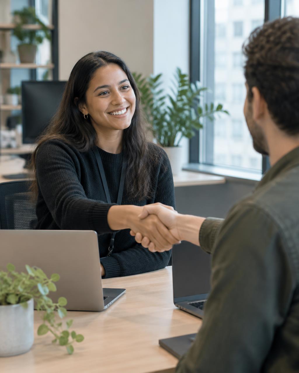 Natural onboarding scene between colleagues in a modern office